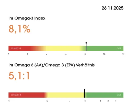 Laborbefund vom 26.11.2025: Omega-3-Index 8,1 Prozent im grünen Bereich, Verhältnis Omega-6 zu Omega-3 von 5,1 zu 1